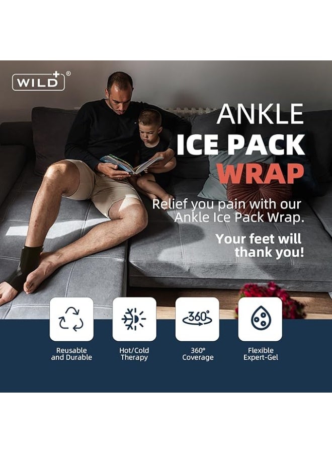 وايلد بلس عبوة ثلج للكاحل للتورم والإصابات - عبوة ثلج جل علاجية ساخنة وباردة قابلة لإعادة الاستخدام مع كم ضغط - لتخفيف التهاب اللفافة الأخمصية والتهاب وتر العرقوب (لون أسود) - Image 2