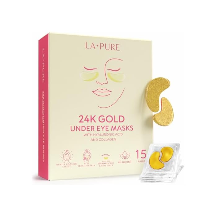LA PURE 24k Gold Under Eye Patches for Puffy Eyes and Dark Circles, Revitalizing & Non-Irritating Anti Aging Eye Masks with Hyaluronic Acid & Collagen - Dermatologically Tested - 15 Pairs Eye Gel Pads