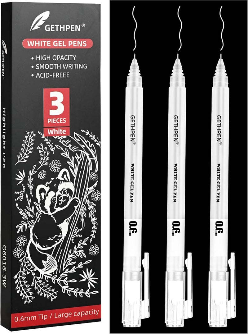 GETHPEN White Pens, 3Pack, White Gel Pens for Artists,0.6mm Extra Fine Point, White Gel Pen, White Ink Pen, White Pens for Black Paper, White Drawing Pens,White Pen for Artists Drawing - Image 1