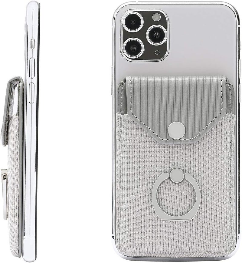 YUNCE Cell Phone Card Holder RFID Ring Stand Stick on Wallet Card Holder for Back of Phone for iPhone Android and All Smartphones Adhesive Credit Card Holder for Cell Phone-Polyester Grey - Image 1