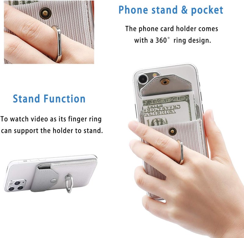 YUNCE Cell Phone Card Holder RFID Ring Stand Stick on Wallet Card Holder for Back of Phone for iPhone Android and All Smartphones Adhesive Credit Card Holder for Cell Phone-Polyester Grey - Image 3
