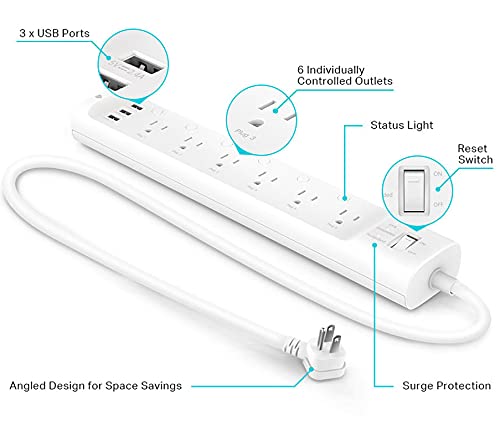 Kasa Smart Plug Power Strip HS300, Surge Protector with 6 Individually Controlled Smart Outlets and 3 USB Ports, Works with Alexa & Google Home, No Hub Required , White - Image 2