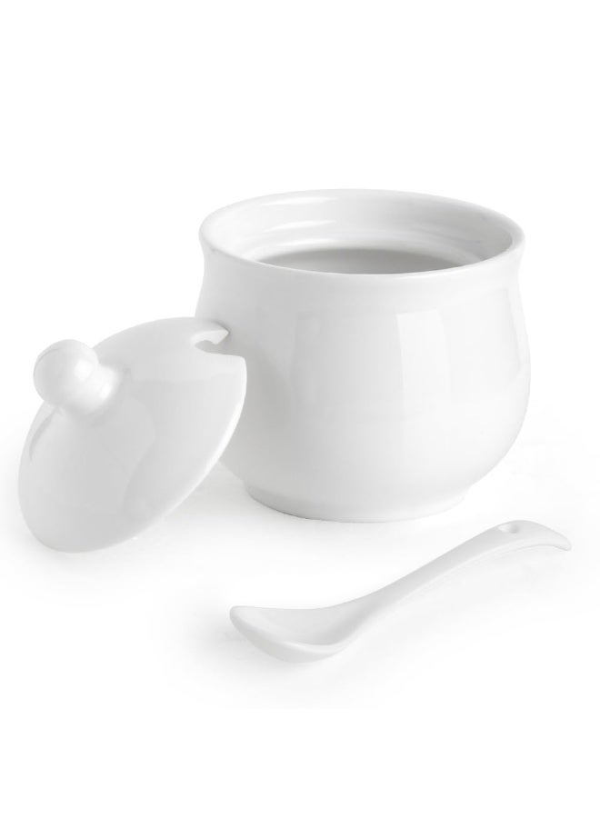 Porcelain Sugar Bowl with Lid and Spoon, Ceramic Salt Storage Jar, White Seasoning Container for Home and Kitchen, 7 Ounces (White) - Image 1