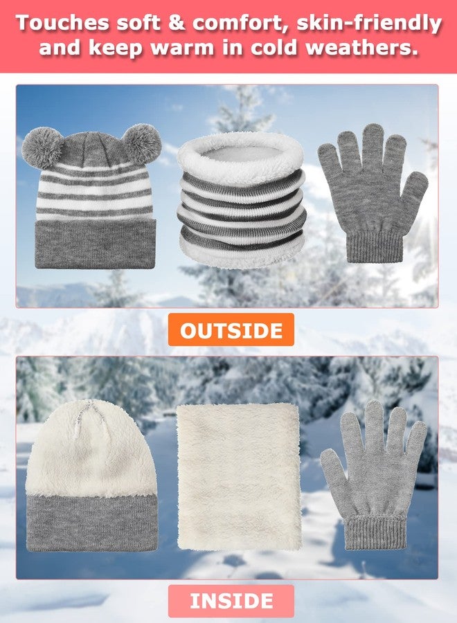 JaGely 9 Pcs Kids Hat Scarf Gloves Set Winter Knit Beanie Neck Warmer Mittens Striped Cap Fluffy Scarf Gloves for Kids Aged 3-10 (Black Gray, Gray White, Pink White) - Image 3