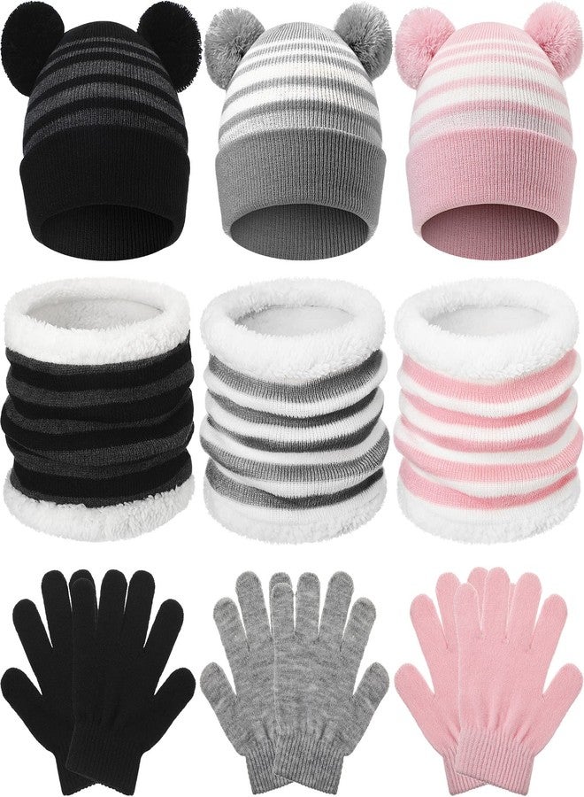JaGely 9 Pcs Kids Hat Scarf Gloves Set Winter Knit Beanie Neck Warmer Mittens Striped Cap Fluffy Scarf Gloves for Kids Aged 3-10 (Black Gray, Gray White, Pink White) - Image 1