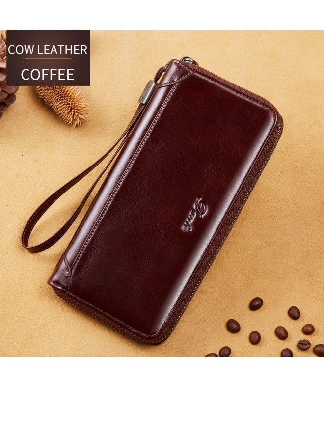 Dante Men's Anti-theft Brush Retro First Layer Cowhide Long Wallet Oil Wax Brown  - Image 1