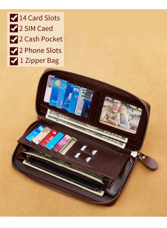 Dante Men's Anti-theft Brush Retro First Layer Cowhide Long Wallet Oil Wax Brown  - Image 2