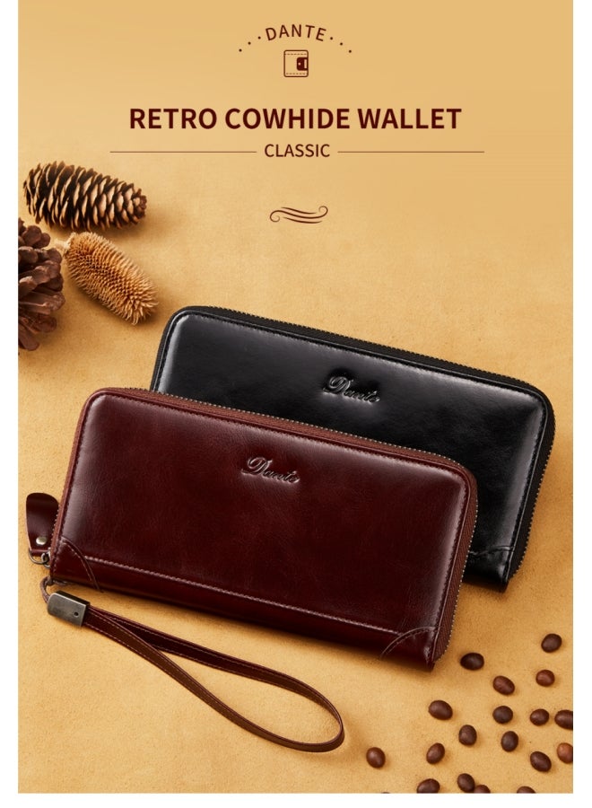 Dante Men's Anti-theft Brush Retro First Layer Cowhide Long Wallet Oil Wax Brown  - Image 4