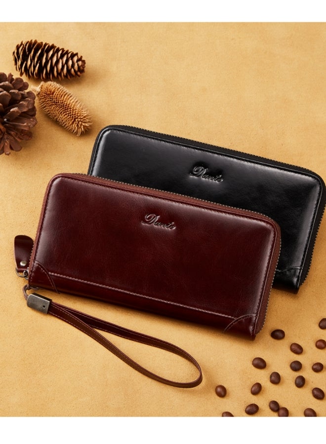 Dante Men's Anti-theft Brush Retro First Layer Cowhide Long Wallet Oil Wax Brown  - Image 5