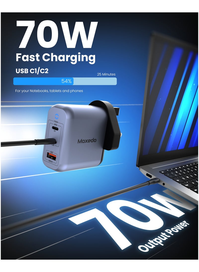 Moxedo Moxedo Volton II PD GaN Charger 70W with 2 USB-C Ports /1 USB-A Port PPS PD 3.0 Wall Adapter Compatible for iPhone, Samsung, Huawei, Dell, MacBook Pro/Air and more  - Image 2