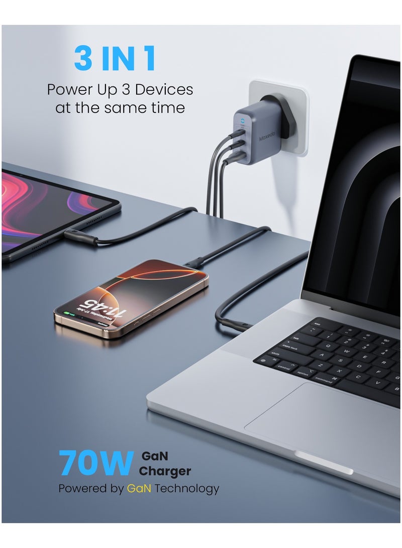 Moxedo Moxedo Volton II PD GaN Charger 70W with 2 USB-C Ports /1 USB-A Port PPS PD 3.0 Wall Adapter Compatible for iPhone, Samsung, Huawei, Dell, MacBook Pro/Air and more  - Image 5