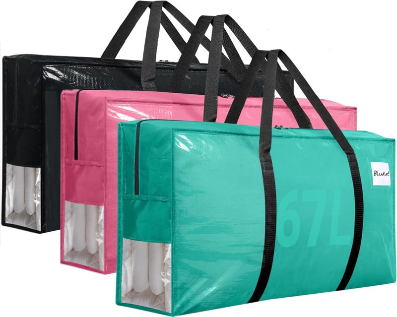 Besslly 3Pcs Extra Large Heavy Duty Moving Bags with Reinforced Zippers Handles 67L Waterproof Storage Tote Bag Bins Alternative to Box Moving Supplies Space Saving for Travel College Dorm Essentials Multi - Image 2