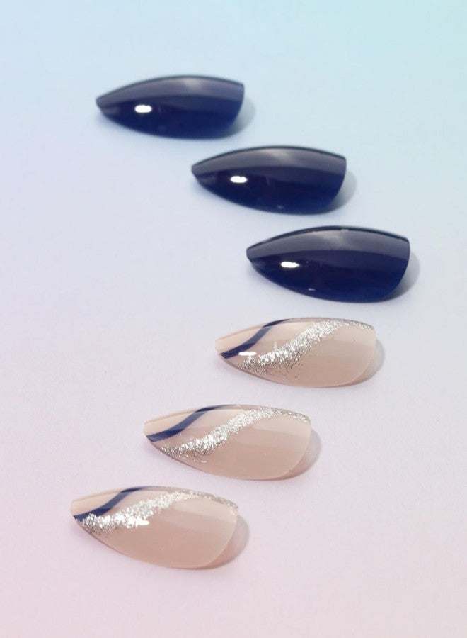 UCCASA 24Pcs Summer Press on Nails Almond Blue Glitter Fake Nails with Designs Blue Line False Nails Glossy Glue on Nails Full Cover Medium Artificial Acrylic Nails Summer Daily Stick on Nails for Women - Image 4