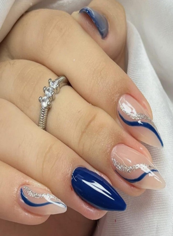 UCCASA 24Pcs Summer Press on Nails Almond Blue Glitter Fake Nails with Designs Blue Line False Nails Glossy Glue on Nails Full Cover Medium Artificial Acrylic Nails Summer Daily Stick on Nails for Women - Image 1