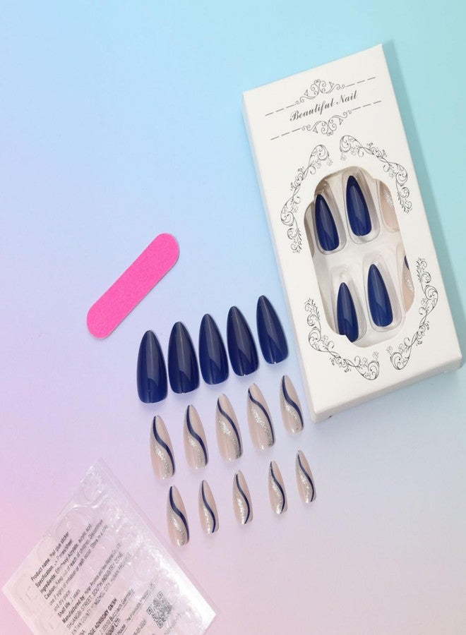 UCCASA 24Pcs Summer Press on Nails Almond Blue Glitter Fake Nails with Designs Blue Line False Nails Glossy Glue on Nails Full Cover Medium Artificial Acrylic Nails Summer Daily Stick on Nails for Women - Image 3