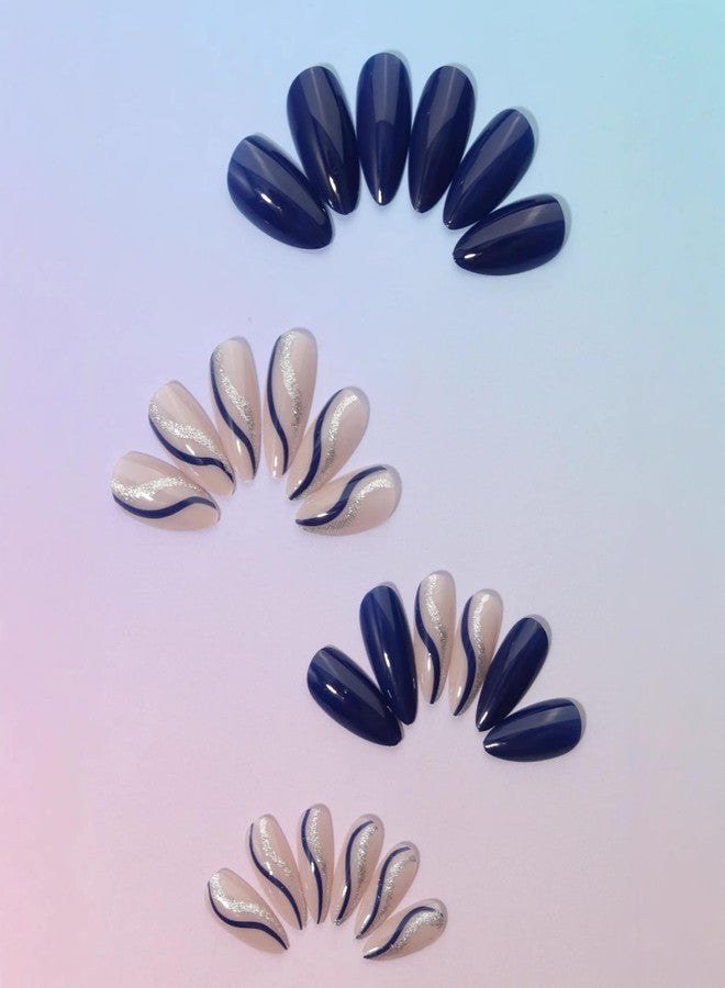 UCCASA 24Pcs Summer Press on Nails Almond Blue Glitter Fake Nails with Designs Blue Line False Nails Glossy Glue on Nails Full Cover Medium Artificial Acrylic Nails Summer Daily Stick on Nails for Women - Image 2