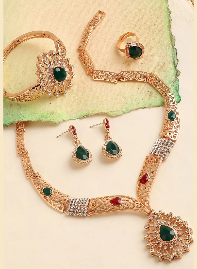 SOHI Gold Plated Designer Stone Necklace, Earring, Ring and Bracelet Set