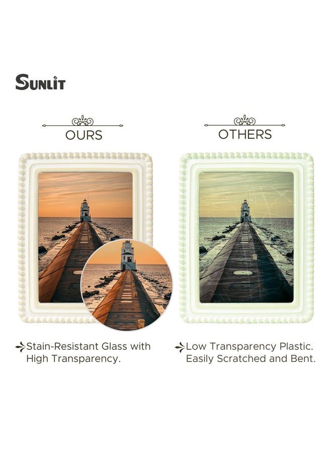 Sunlit Vintage Picture Frame 5x7 Inch with Beaded Border, Luxury Antique Square Photo Frames with Glass Front, Boho Photo Display, Tabletop Wall Hanging, Gift Idea, Distressed White - Image 3