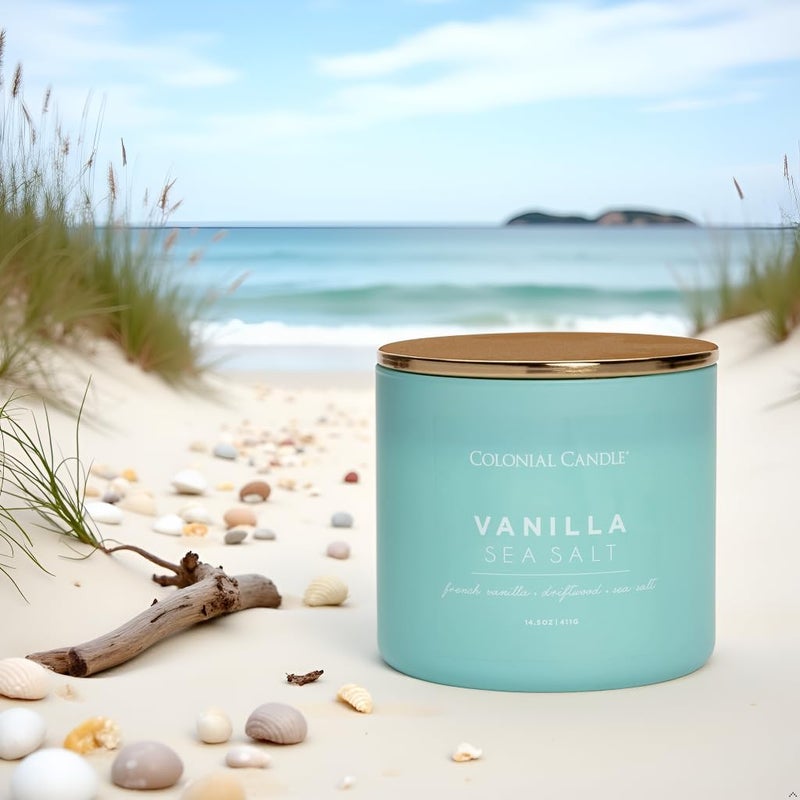 Colonial Candle Vanilla Sea Salt Scented Jar Candle, Pop of Color Collection, 3 Wick, Blue, 14.5 oz - Up to 60 Hours Burn - Image 5
