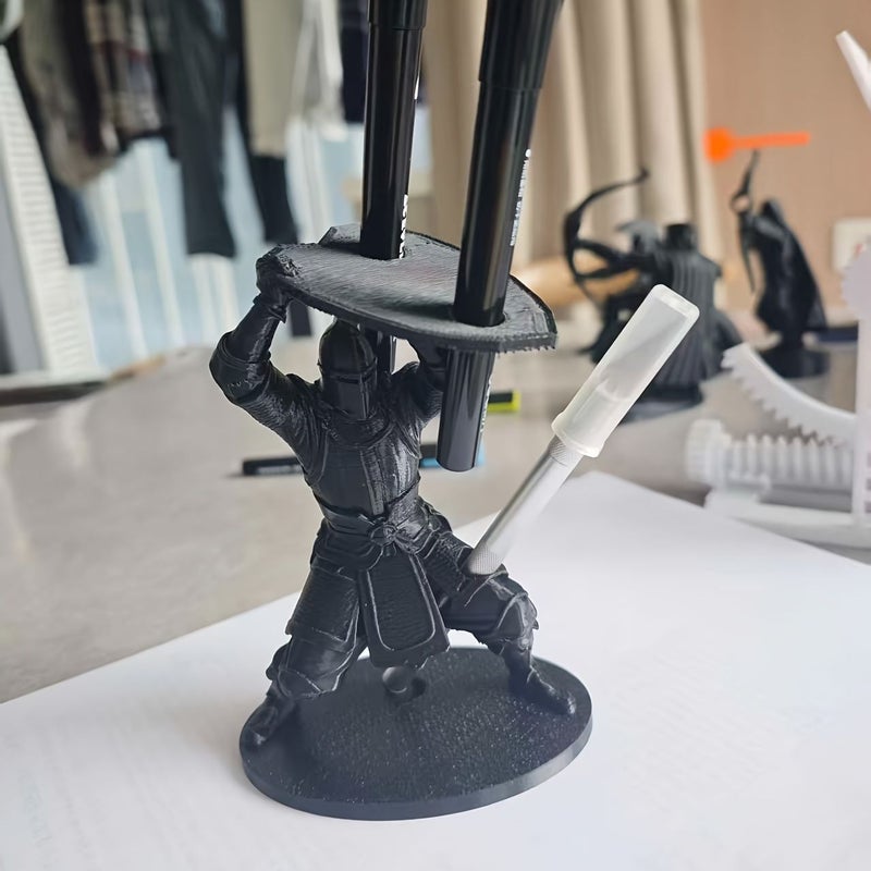 Black Medieval Samurai Pen Holder With Shield And Arrows Desktop Decor Gift - Image 1