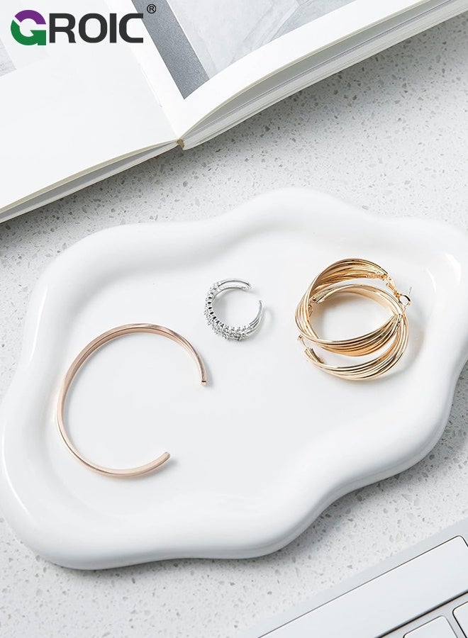 GROIC صينية مجوهرات سيراميك، طبق سحابة بيضاء، منظم عرض للمجوهرات والساعات والمفاتيح، طبق حلقة زينة لطيف على شكل سحابة، وعاء زينة لطيف لسرير النوم للأقراط، العطر، طبق مجوهرات أبيض - Image 5