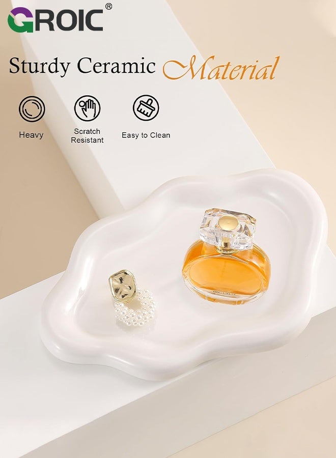 GROIC صينية مجوهرات سيراميك، طبق سحابة بيضاء، منظم عرض للمجوهرات والساعات والمفاتيح، طبق حلقة زينة لطيف على شكل سحابة، وعاء زينة لطيف لسرير النوم للأقراط، العطر، طبق مجوهرات أبيض - Image 2