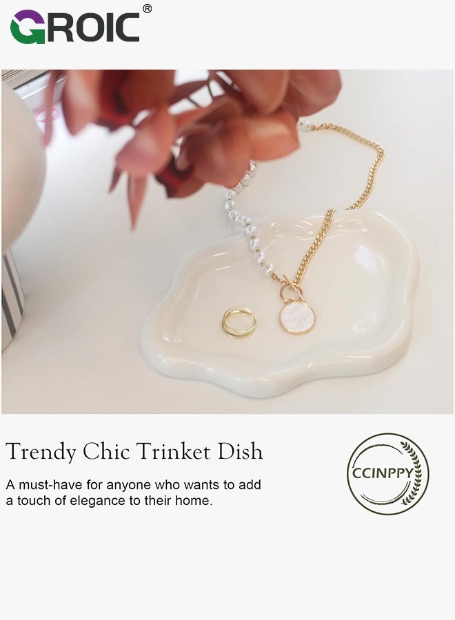 GROIC صينية مجوهرات سيراميك، طبق سحابة بيضاء، منظم عرض للمجوهرات والساعات والمفاتيح، طبق حلقة زينة لطيف على شكل سحابة، وعاء زينة لطيف لسرير النوم للأقراط، العطر، طبق مجوهرات أبيض - Image 3