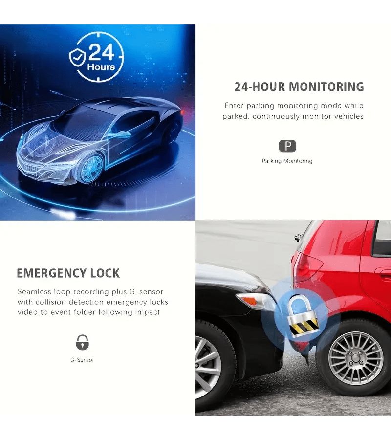 Three Way Dash Cam With Collision Lock Feature 24 Hour Loop Recording Main Camera 1080P Rear Camera 720P Built In Left And Right Lenses 480P Black - Image 5