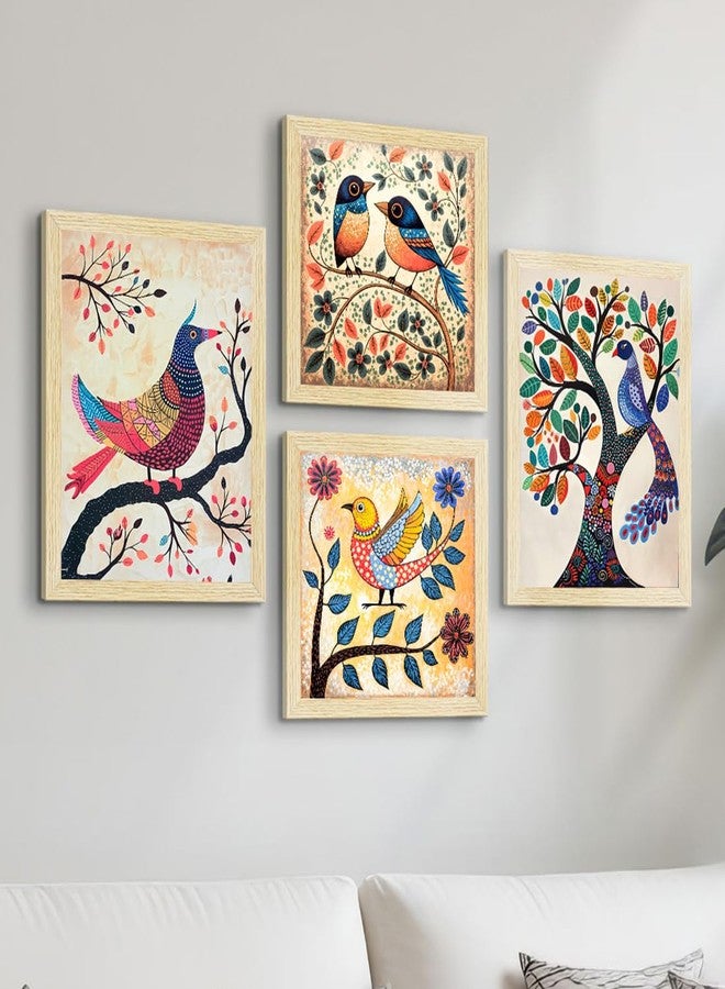 ArtX Paper Madhubani Birds Paintings with Frame for Home Decor, Wall Painting for Living Room, Multi, Natural Wood Color Frames, Set of 4 - Image 1