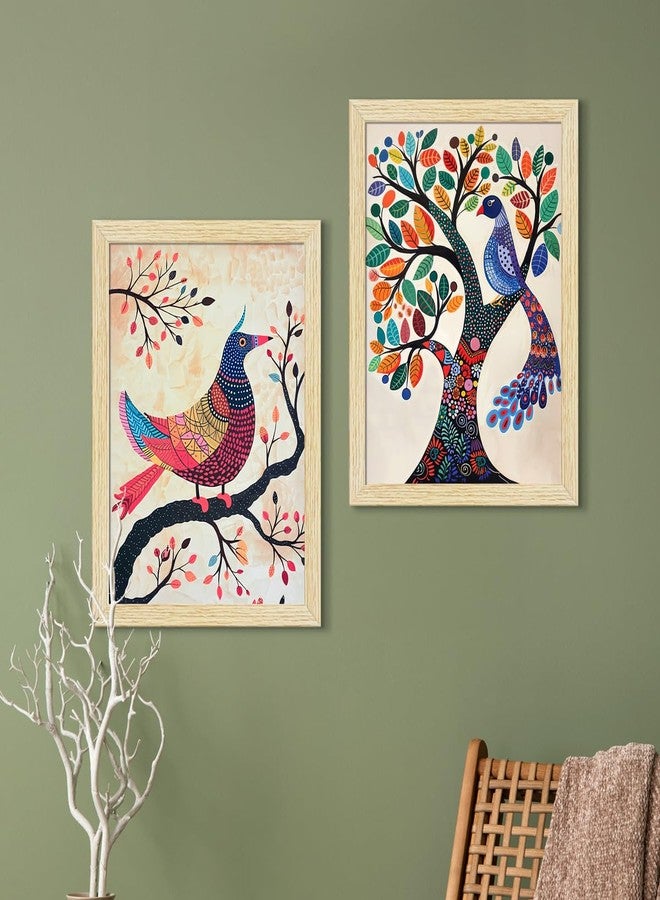 ArtX Paper Madhubani Birds Paintings with Frame for Home Decor, Wall Painting for Living Room, Multi, Natural Wood Color Frames, Set of 4 - Image 4