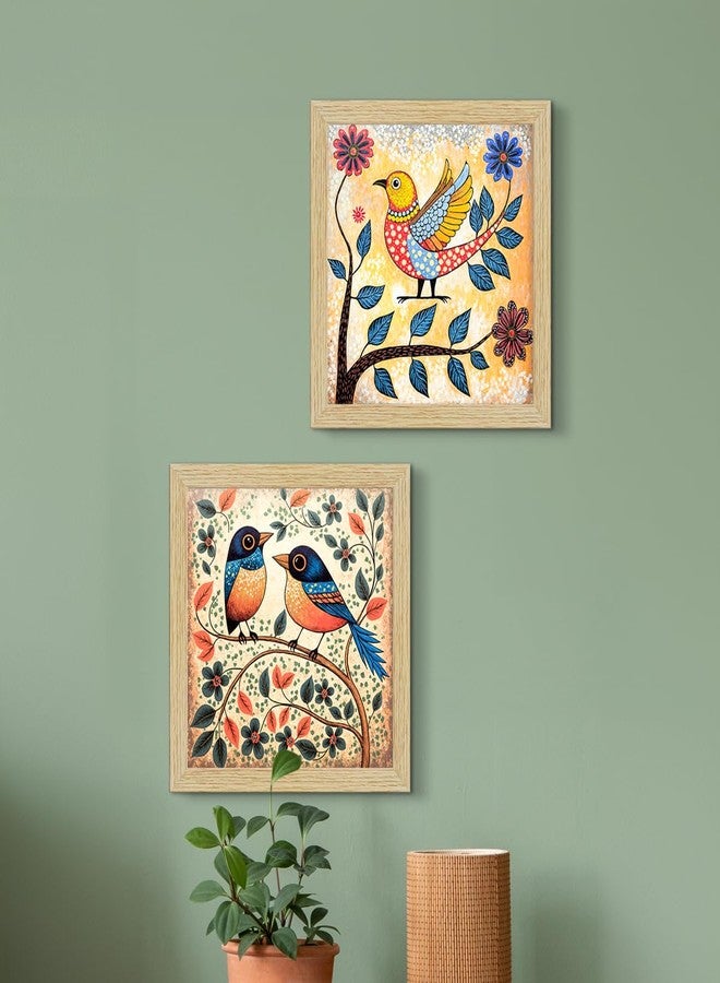 ArtX Paper Madhubani Birds Paintings with Frame for Home Decor, Wall Painting for Living Room, Multi, Natural Wood Color Frames, Set of 4 - Image 5