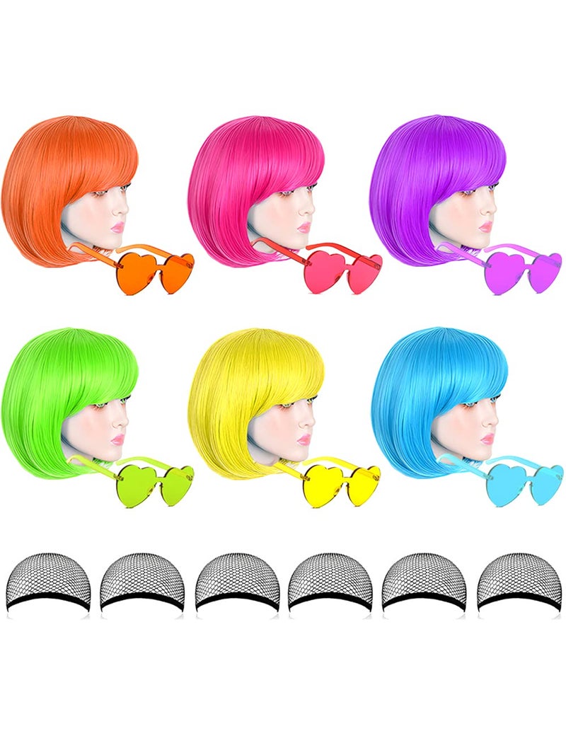 LOHO MAGICA 6 Pack Colored Wigs Funky Colorful Wigs Short Bob Hair Wig Neon Party Wigs with Rimless Heart Sunglasses