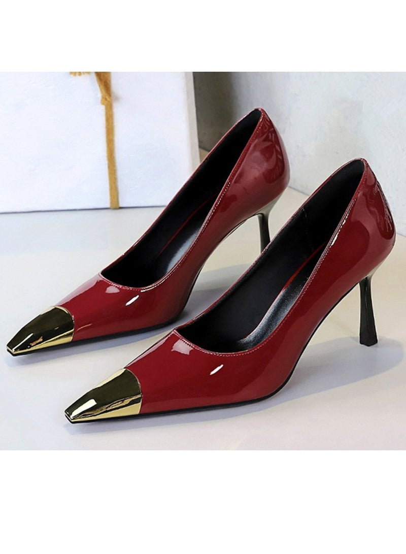 بيج تري المرأة أنيقة معدنية مغلقة أشارت إصبع القدم كعب عالية مضخات الحزب النبيذ الأحمر 8CM