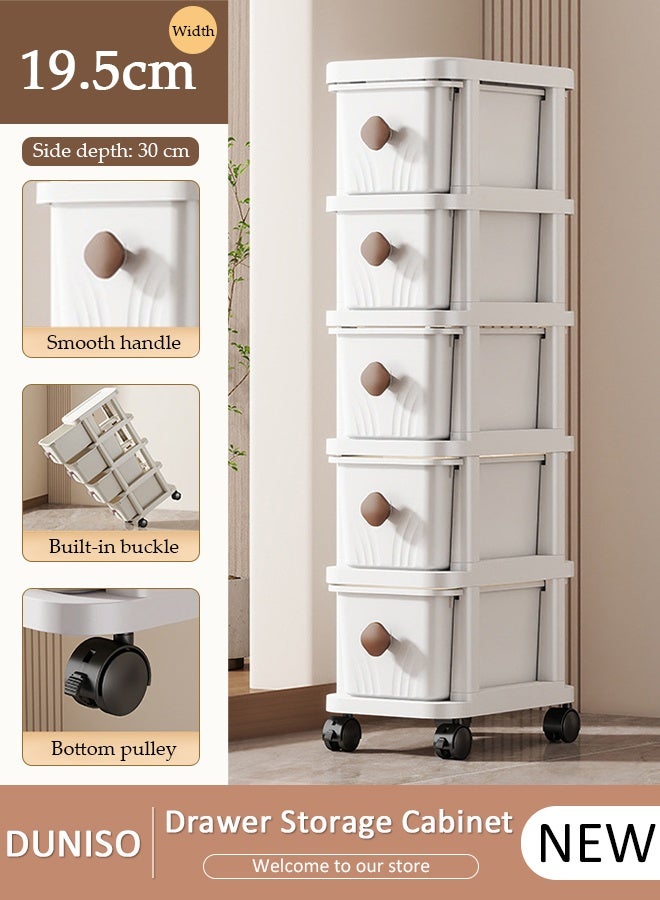 DUNISO 5-Tier Narrow Storage Cabinet with Movable Wheels Can Brake, Drawer Storage Cabinet Slim Plastic Organizer for Bathroom,Kitchen, Laundry, Ideal for Small Spaces - Image 1