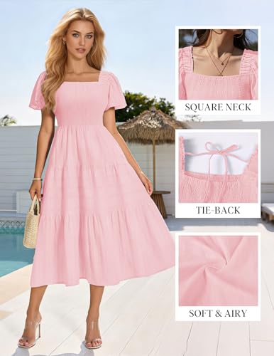 Bbonlinedress Pink Women Summer Boho Midi Cotton Dress Casual Maternity Flowy Baby Shower Wedding Guest Neck Beach Dress Pink L - Image 4