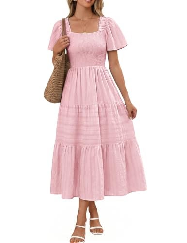 Bbonlinedress Pink Women Summer Boho Midi Cotton Dress Casual Maternity Flowy Baby Shower Wedding Guest Neck Beach Dress Pink L - Image 1