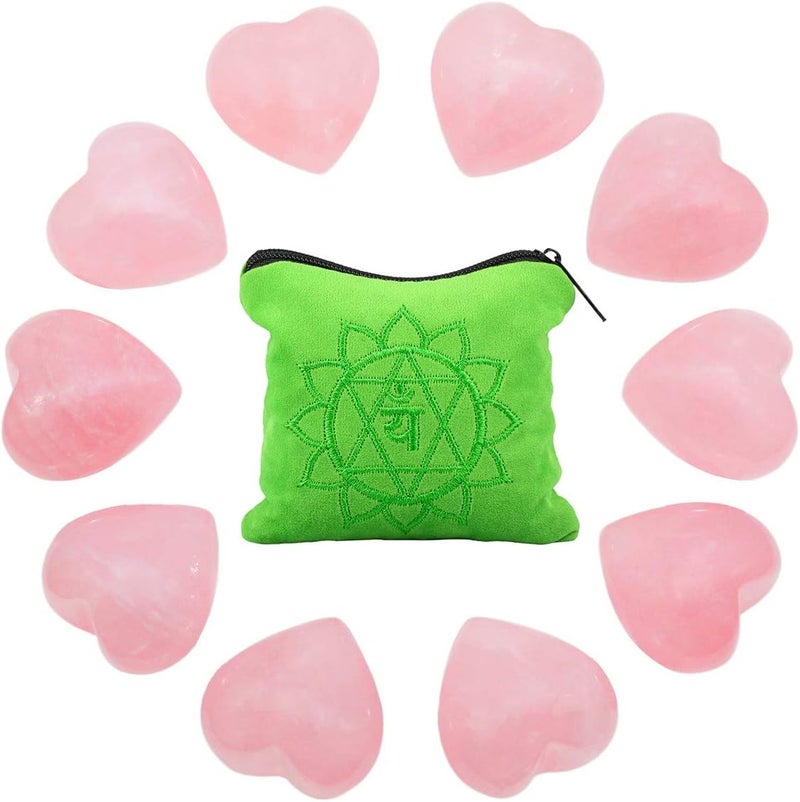 Rockcloud 10 PCS Healing Crystal Rose Quartz Heart Love Carved Worry Stones with Chakra Bag Meditation Reiki Balancing