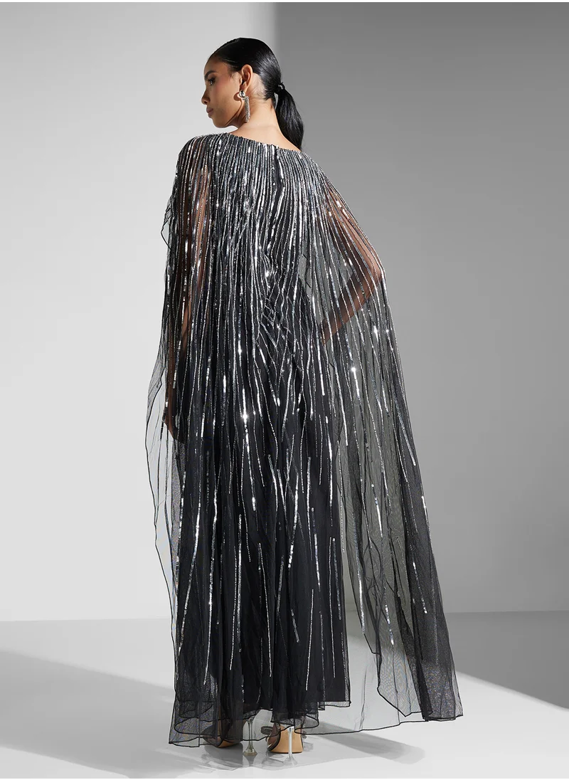 اميليا روز Embellished Crew Neck  Flared Sleeve Dress