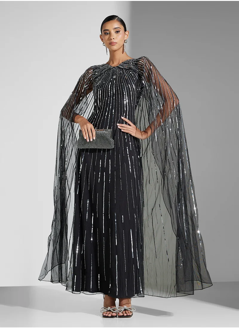 اميليا روز Embellished Crew Neck  Flared Sleeve Dress