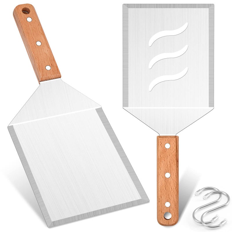 Extra Large Metal Burger Spatula Set of 2 Leonyo Heavy Duty Stainless Steel Griddle Slotted Hamburger Turner Barbecue Cast Iron Grilling Flat Top Griddle Accessories Wooden Handle