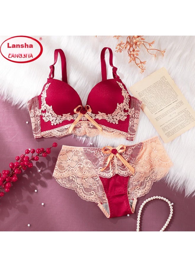 LANG SHA Langsha Red Women's Lingerie Bra, Zodiac Year, Thickened Cups, For Small And Large Breasts, Wedding Celebration, Palace Style Bra Set, 34c  - Image 1