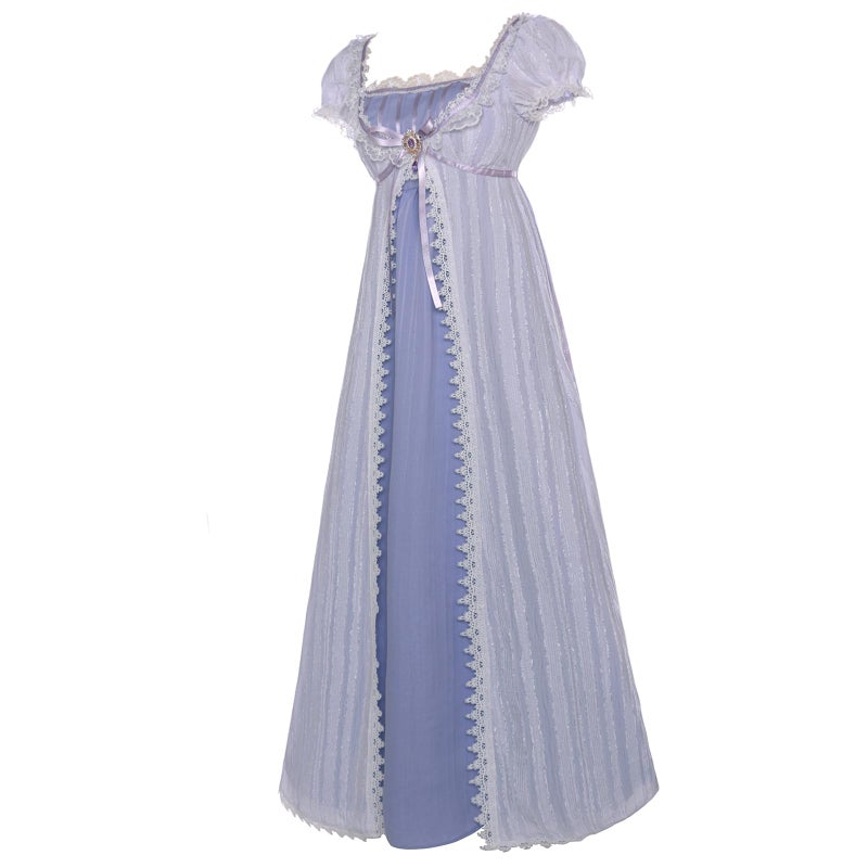 Vibsion Regency Dresses for Women Double Layers Lace Empire Waist Dress Elegant Purple Victorian Rococo Ball Gown S - Image 2