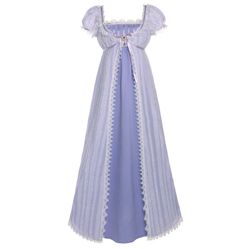Vibsion Regency Dresses for Women Double Layers Lace Empire Waist Dress Elegant Purple Victorian Rococo Ball Gown S - Image 1