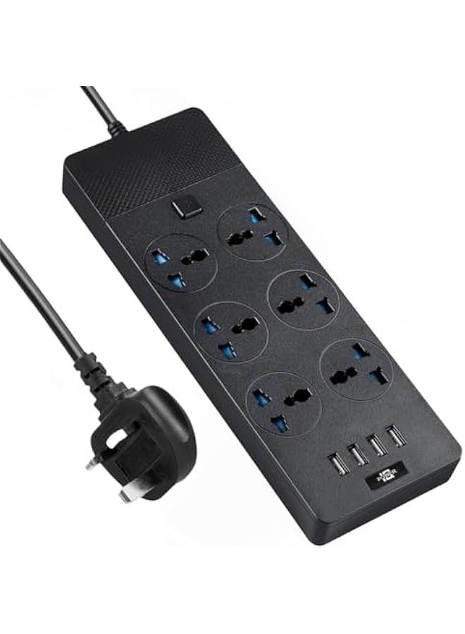 TRASSLE Universal Power Strip with UK Plug, PlorFox Power Strip with 6 AC Outlets and 4 USB Ports, 110-240v, 3000w, 6Ft, Portable Black Extension Cord for Travel Electrical Equipment - Image 1