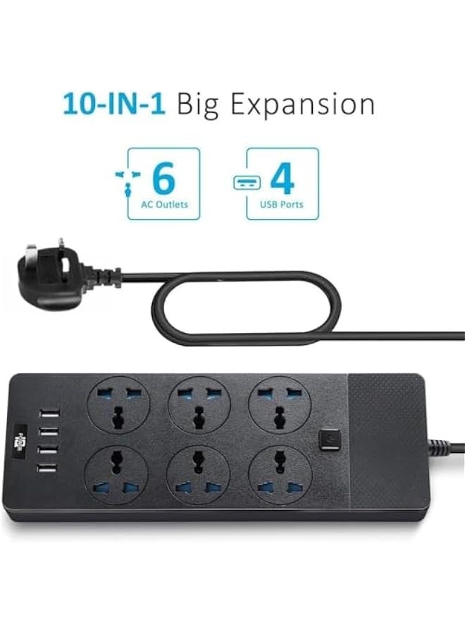 TRASSLE Universal Power Strip with UK Plug, PlorFox Power Strip with 6 AC Outlets and 4 USB Ports, 110-240v, 3000w, 6Ft, Portable Black Extension Cord for Travel Electrical Equipment - Image 2