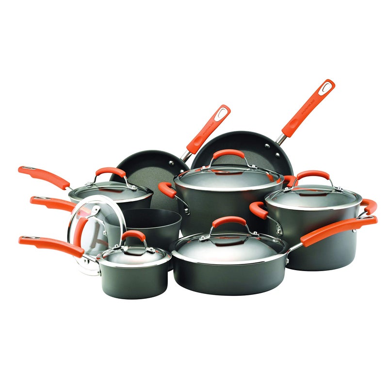 Rachael Ray Rachael Ray Brights HardAnodized Nonstick Cookware Set with Glass Lids 14Piece Pot and Pan Set Gray with Orange Handles 