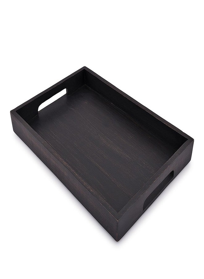 EDHAS Acacia Wood Rectangle Black Serving Tray for Breakfast Dinner Drinks Kitchen Dining Living Bathroom with Handle (15" x 10" x 1.6") - Image 1