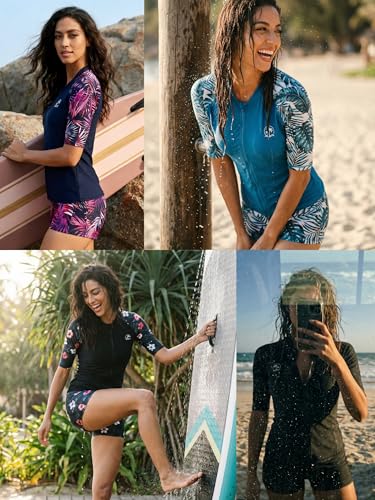 Holipick Pink Leaves Women 2 Piece Rash Guard SwimsuitShort Sleeve Swim Shirt with Shorts Full Zipper SPF Modest Swimwear S - Image 3