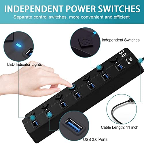 COOLCOLD USB Hub, 3.0 for PC, Laptop, 4-Port USB 3.0 Hub with Individual Power Switches and Lights, 0.27m Cable, High Speed Extension for PC, Laptop and More - Image 2