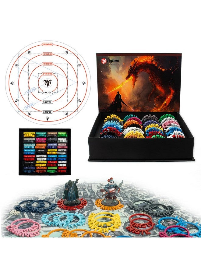 Byhoo Metal Dnd Condition Rings In 28 Markers With Spell Template, 112Pcs Dnd Miniatures Status Effect Rings With Storage Box, Ideal Gift For D&D Pathfinder And More Tabletop Rpg - Image 1